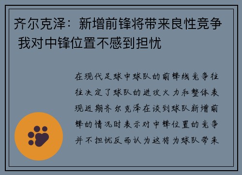 齐尔克泽：新增前锋将带来良性竞争 我对中锋位置不感到担忧